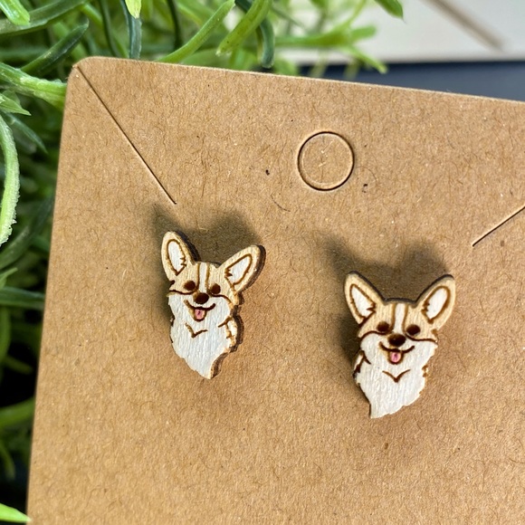 Hand Painted Corgi Face Wood Stud Earrings - Picture 1 of 1
